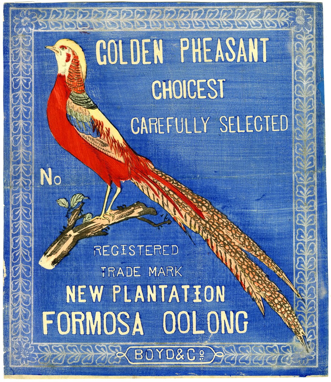 Golden Pheasant Choicest Gonely Select, No. Bejegyzett védjegy Új ültetvény Formosa Oolong (tömbnyomat (színes tinta papíron hátlappal)) alkotó: American School