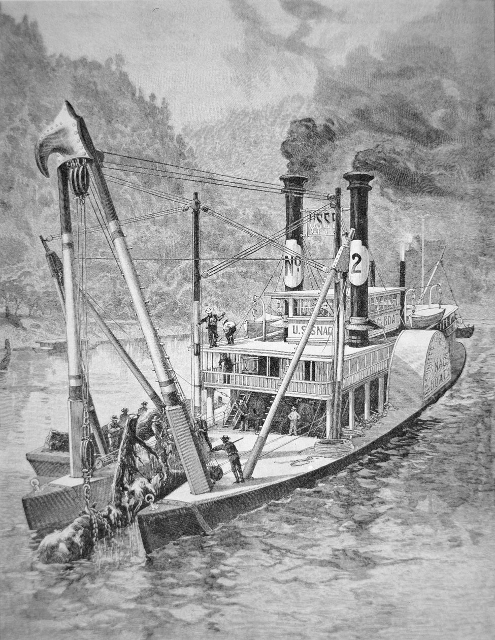 Rönköket vagy gubacsokat eltávolító kormányhajó Mississippiből, 1870 körül (metszet) alkotó: American School