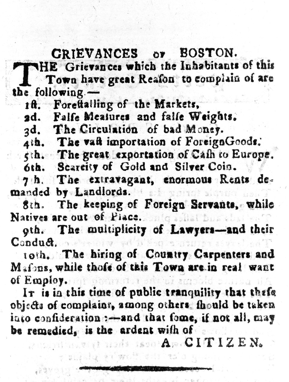 Boston panaszai, levél a Boston Gazette-ben, 1786. április 4. (nyomtatott) alkotó: American School