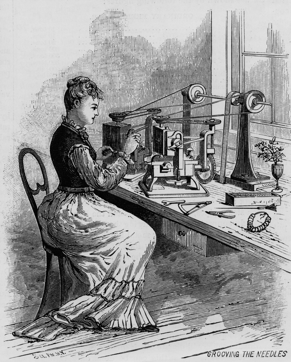 Grooving the Needles, illusztráció a varrógépgyártást a Scientific American magazinból, 1879 alkotó: American School