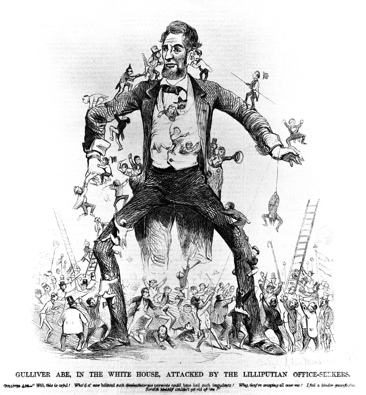 Gulliver Abe, a Fehér Házban, a liliputi irodakeresők által megtámadva, Frank Leslies Fun költségvetéséből, 1861. március 15. alkotó: American School