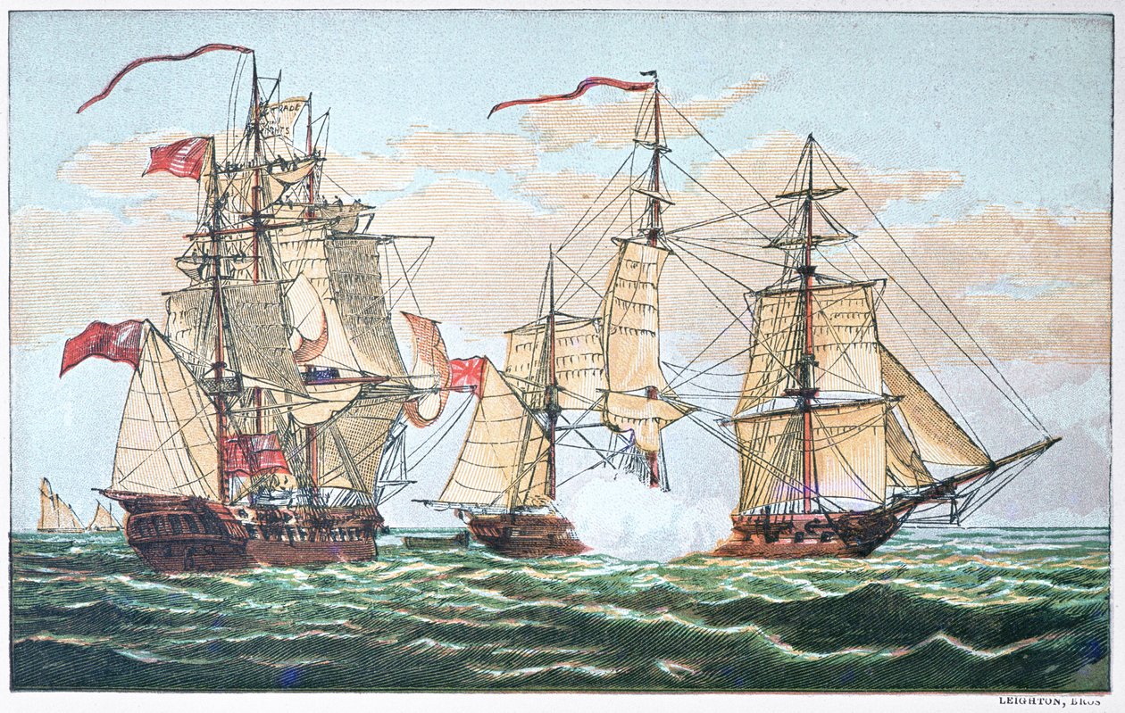 HMS Shannon vs az amerikai Chesapeake 1813-ban az 1812-es háború alatt (színes litó) alkotó: American School