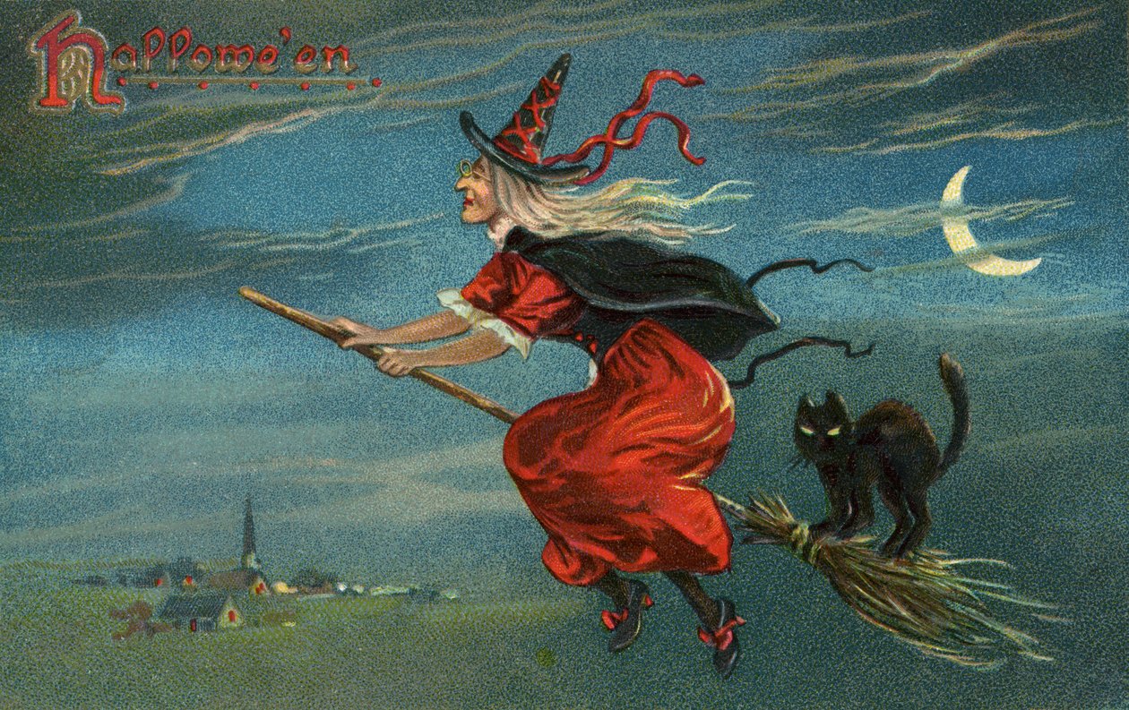 Halloween boszorkány és fekete macska lovaglás seprű éjszaka alkotó: American School