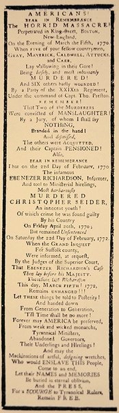 Handbill kommentálja Preston kapitány és hat katona felmentését az 1771. októberi tárgyalás után (litho) alkotó: American School