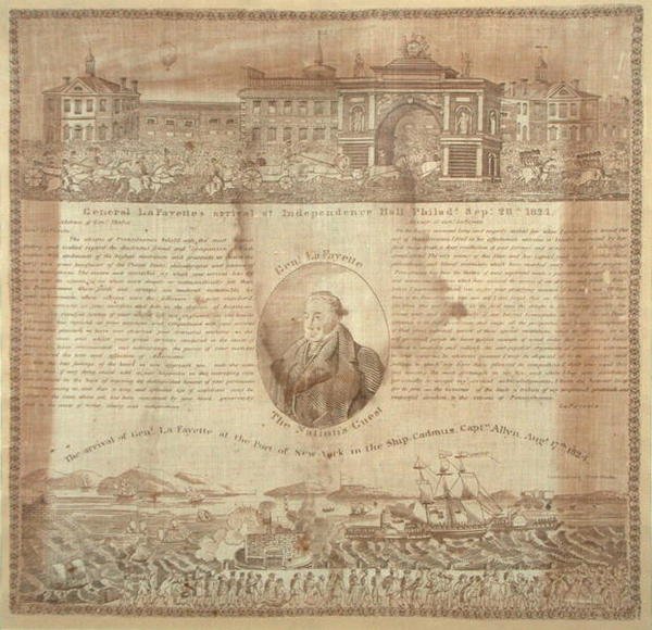 Lafayette tábornok (1757-1834) 1824-es érkezésének emlékére készült zsebkendő (pamut) alkotó: American School