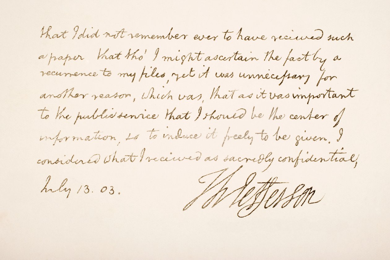 Thomas Jefferson kézírása és aláírása, 1803 alkotó: American School