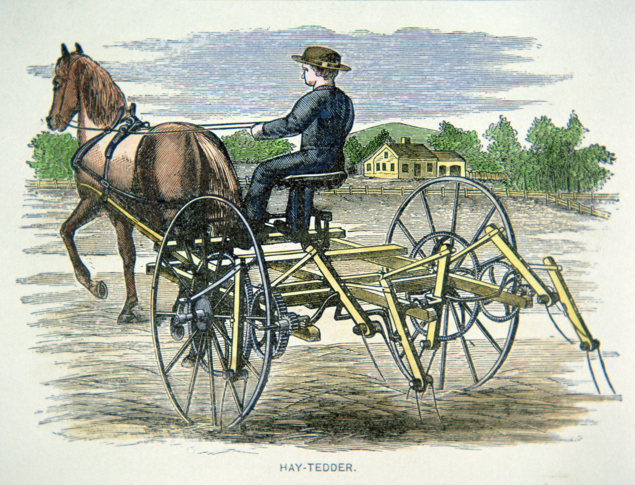 Szénakaszáló mezőgazdasági gép, 1880 körül (színes metszet) alkotó: American School