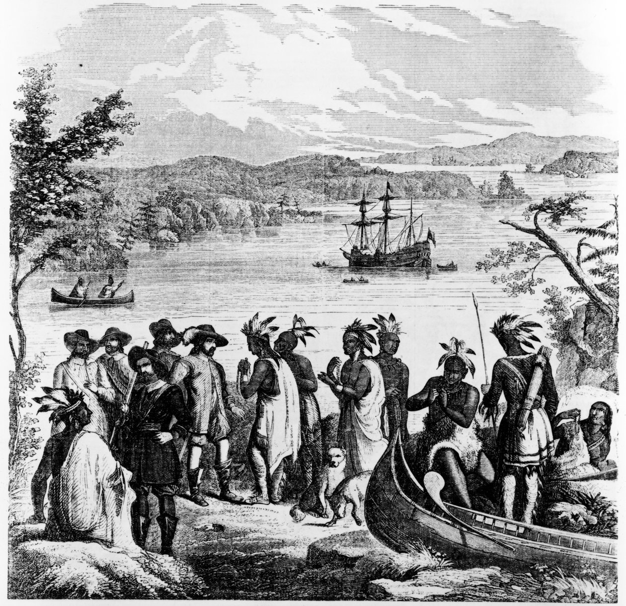 Henry Hudson leereszkedik a Hudson folyón, illusztráció Ballou Képi rajzszoba-társából, 1856. április 12. alkotó: American School
