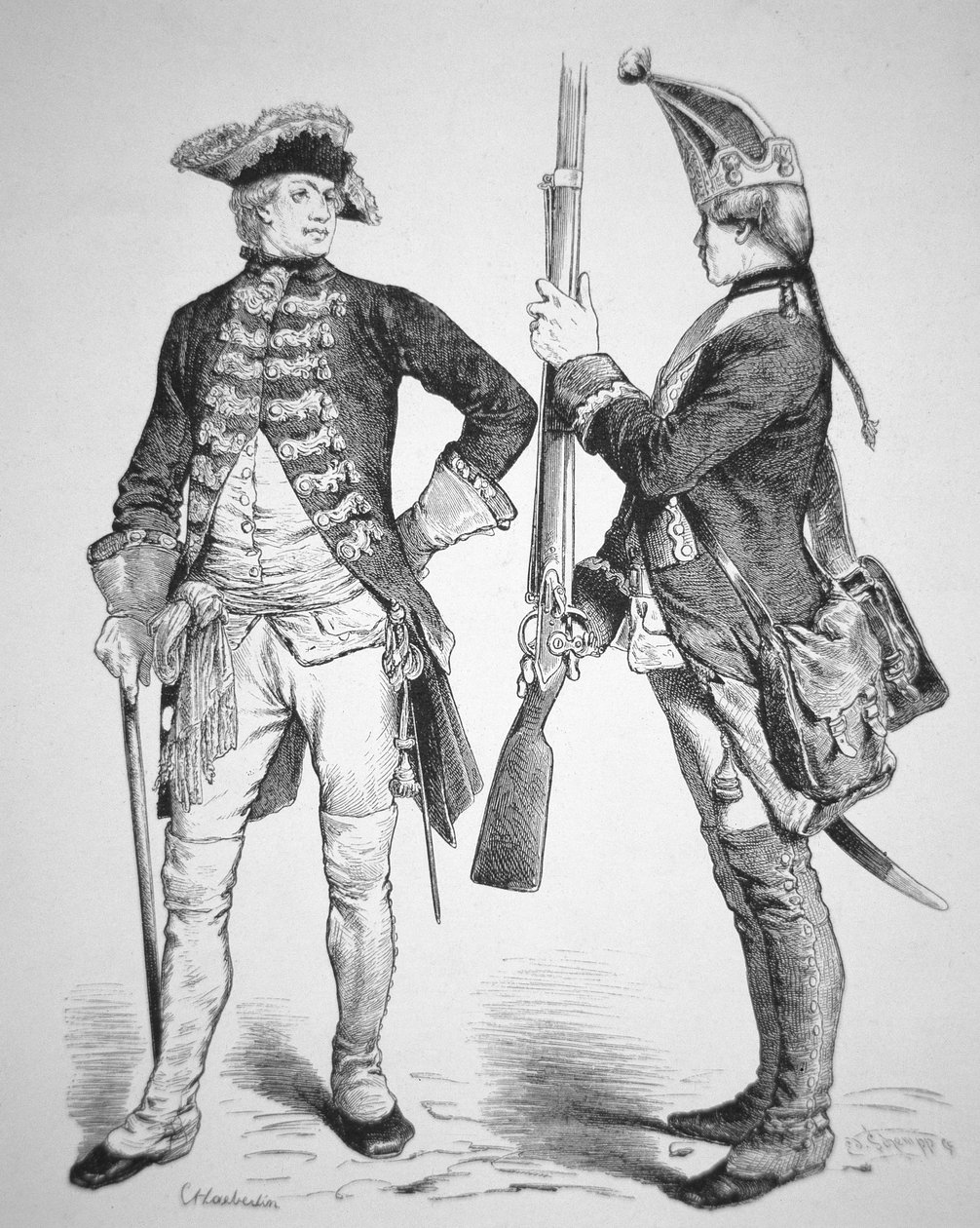 1770-es hesseni katonák az amerikai függetlenségi háború egyenruhájában (metszet) alkotó: American School