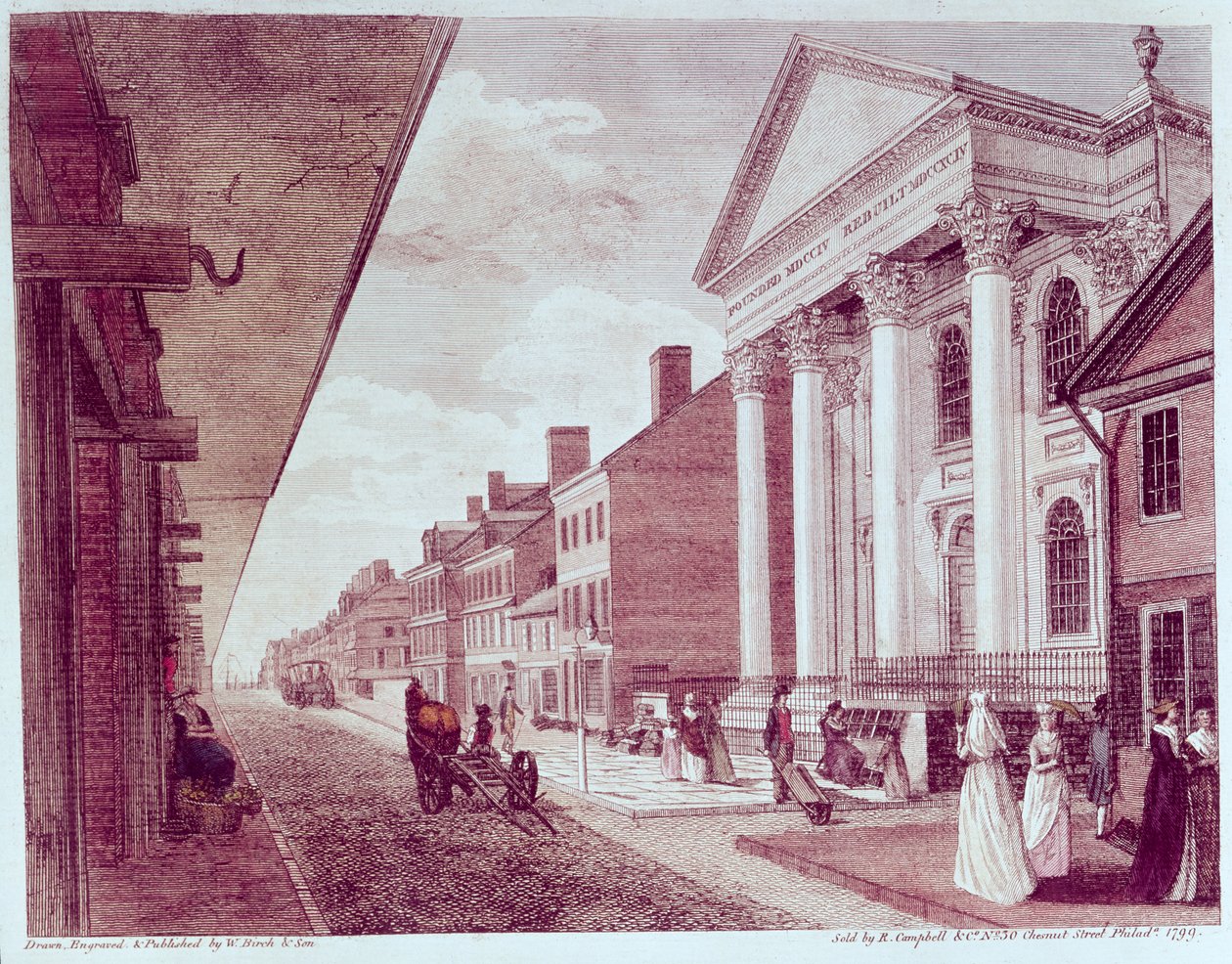 Főutca az első presbiteriánus templommal, Philadelphia, 1799 alkotó: American School