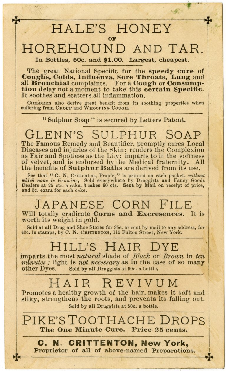 Hills Hair & Whisker Dye, a valaha feltalált legjobb, C.N. Crittenton, tulajdonos, New York, kereskedelmi kártya, verso (litho [kereskedelmi kártya]) alkotó: American School