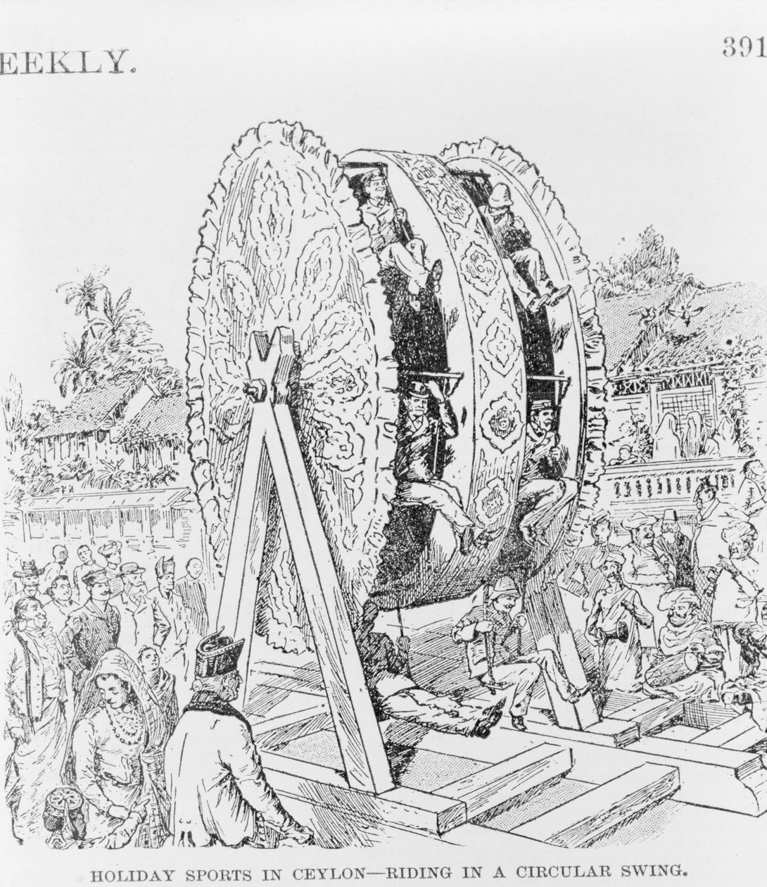 Nyaralási sportok Ceylonban, kör alakú kerékben, 1893 körül (illusztráció) alkotó: American School