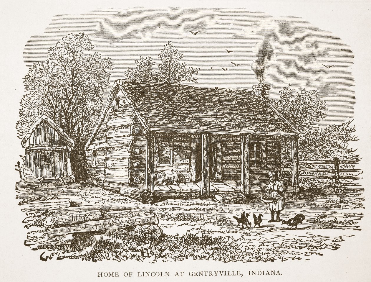 Lincoln otthona Gentryville-ben, Indiana államban, egy könyves kocsmából. 1896 alkotó: American School