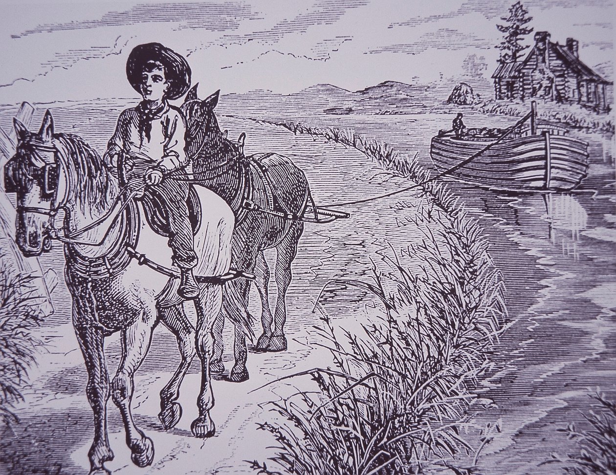 Lovak húzzák a csatornahajót a vontatóúton, Erie-csatorna (metszet) alkotó: American School