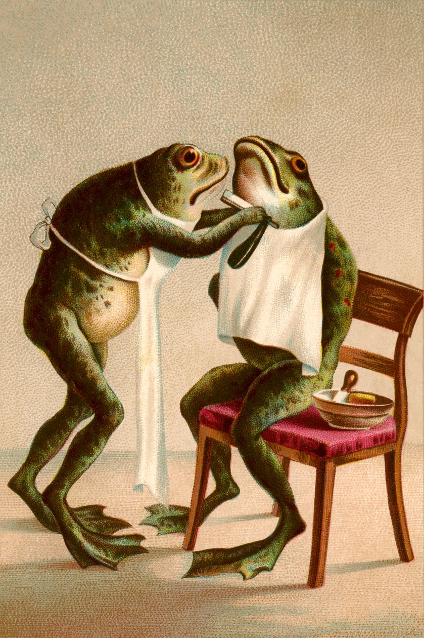 Humoros illusztráció egy béka borotválkozásáról alkotó: American School