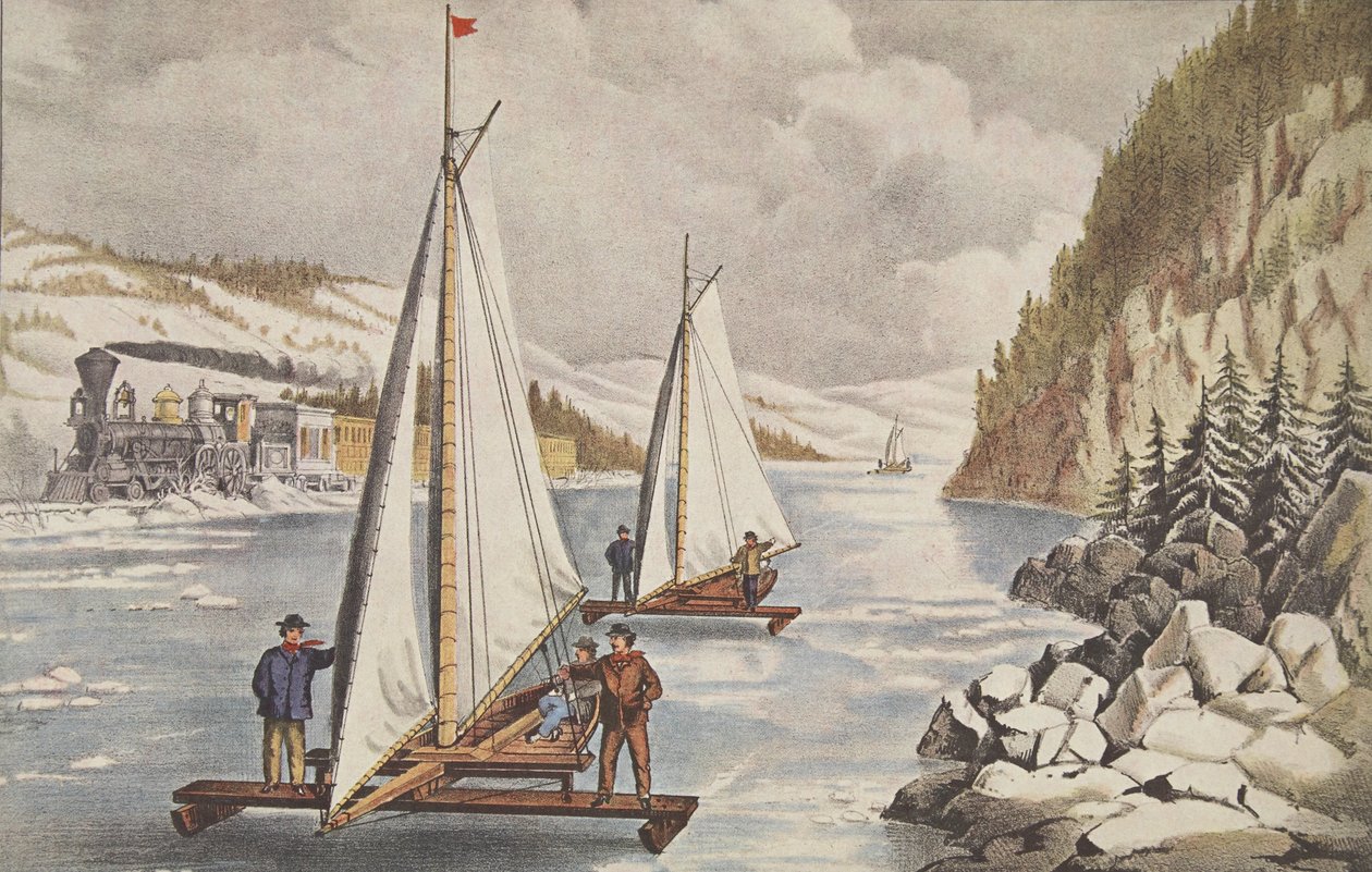 Ice-Boat Race a Hudson, kocsma. C. 1855, Currier & Ives alkotó: American School
