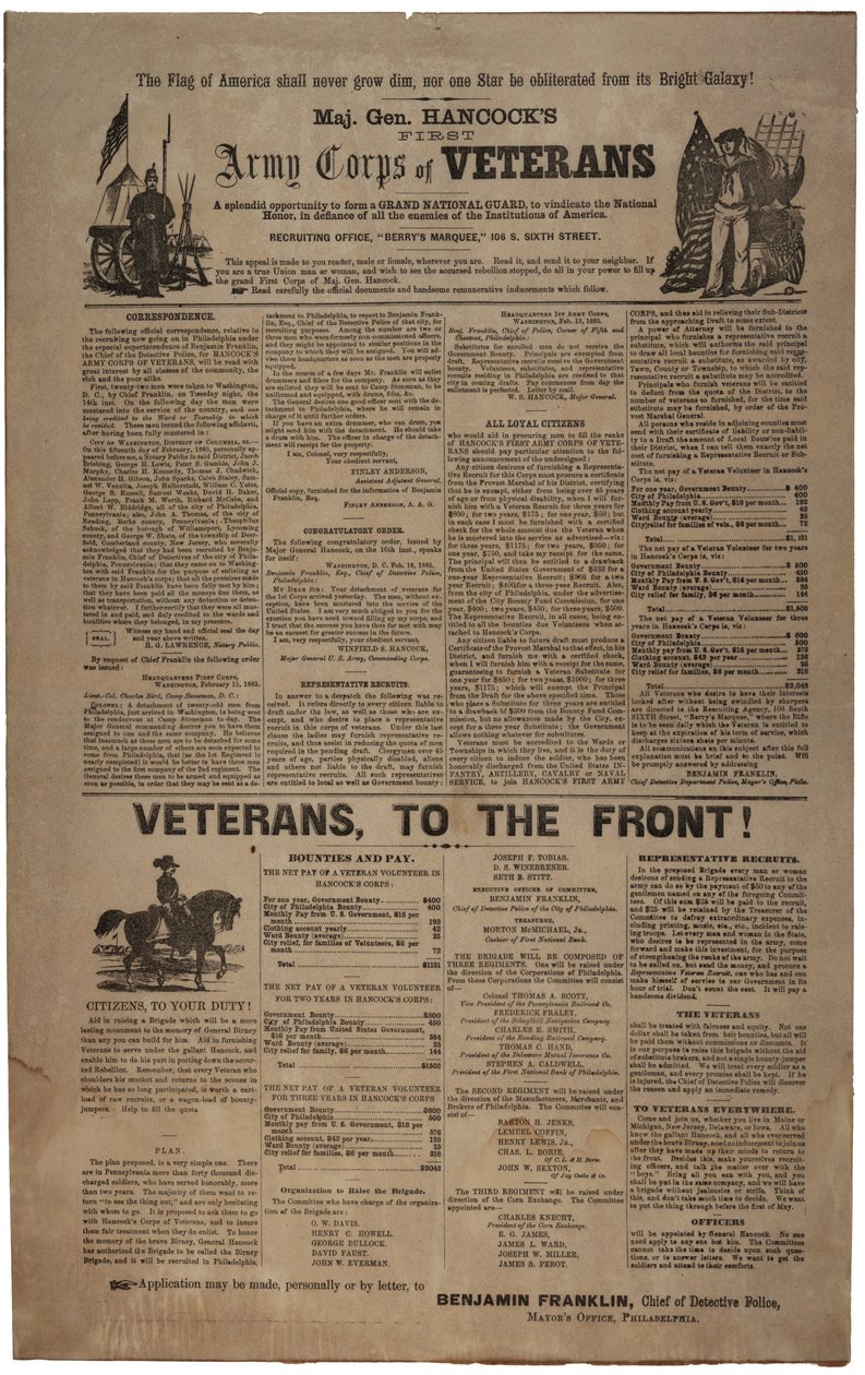 Illusztrált Philadelphia toborzóplakát Hancocks First Army Corps of Veterans számára, beleértve az Uniós férfit és nőt. 1865. február alkotó: American School