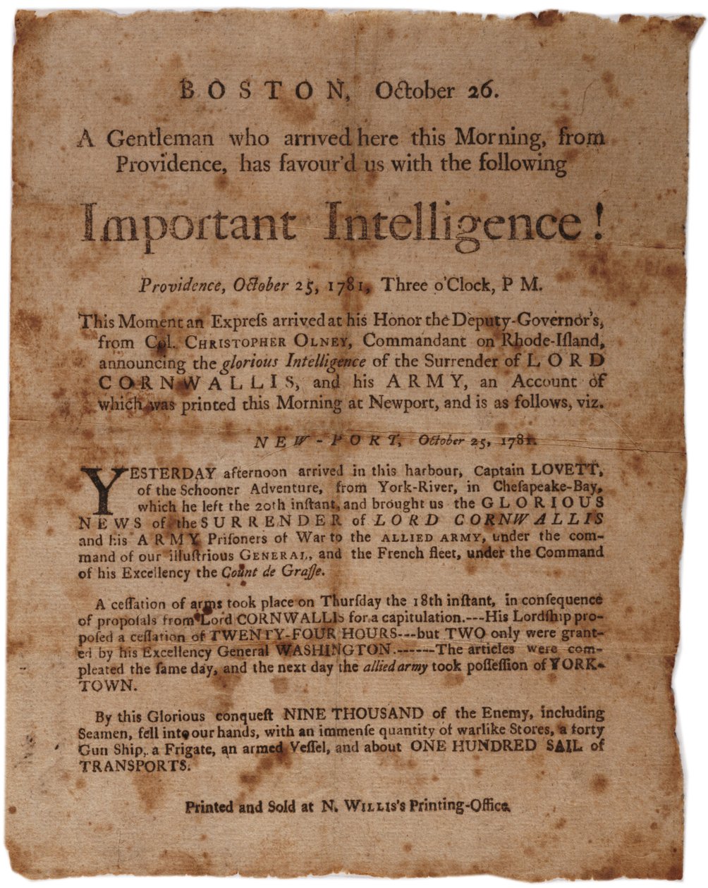 Fontos intelligencia! (bejelenti Cornwallis feladását Yorktownban), kis oldallap, nyomtatta M. Willis, Boston, 1781. október 26. alkotó: American School