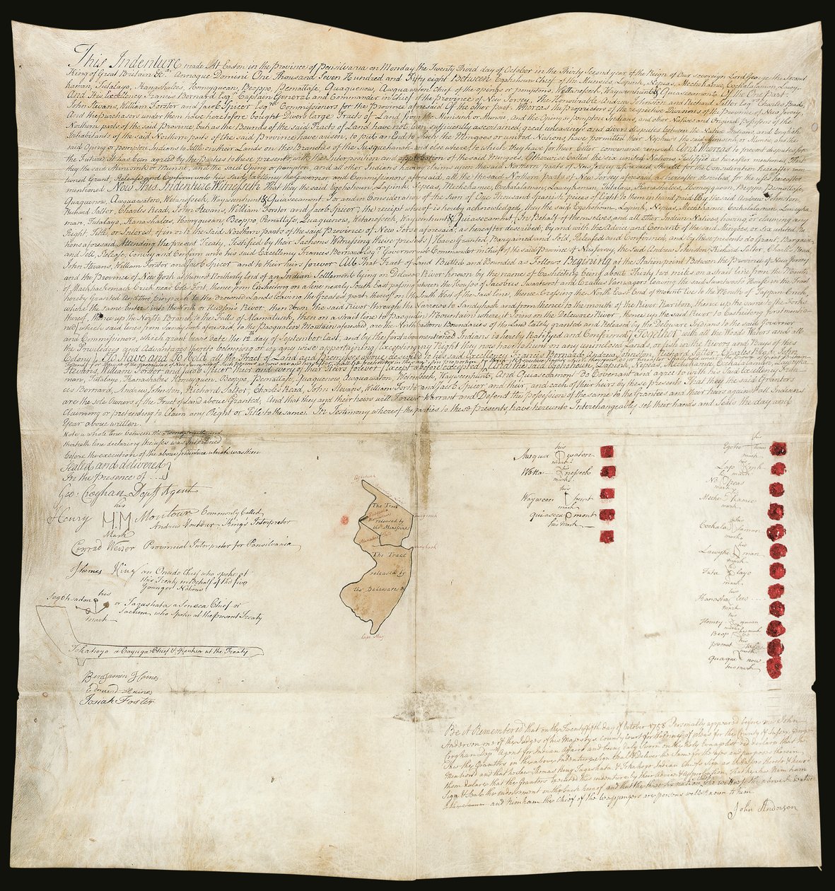 Indián szerződés, Easton Konferencia, Pennsylvania, 1758. október 23. (toll és tinta viasszal pergamenre) alkotó: American School