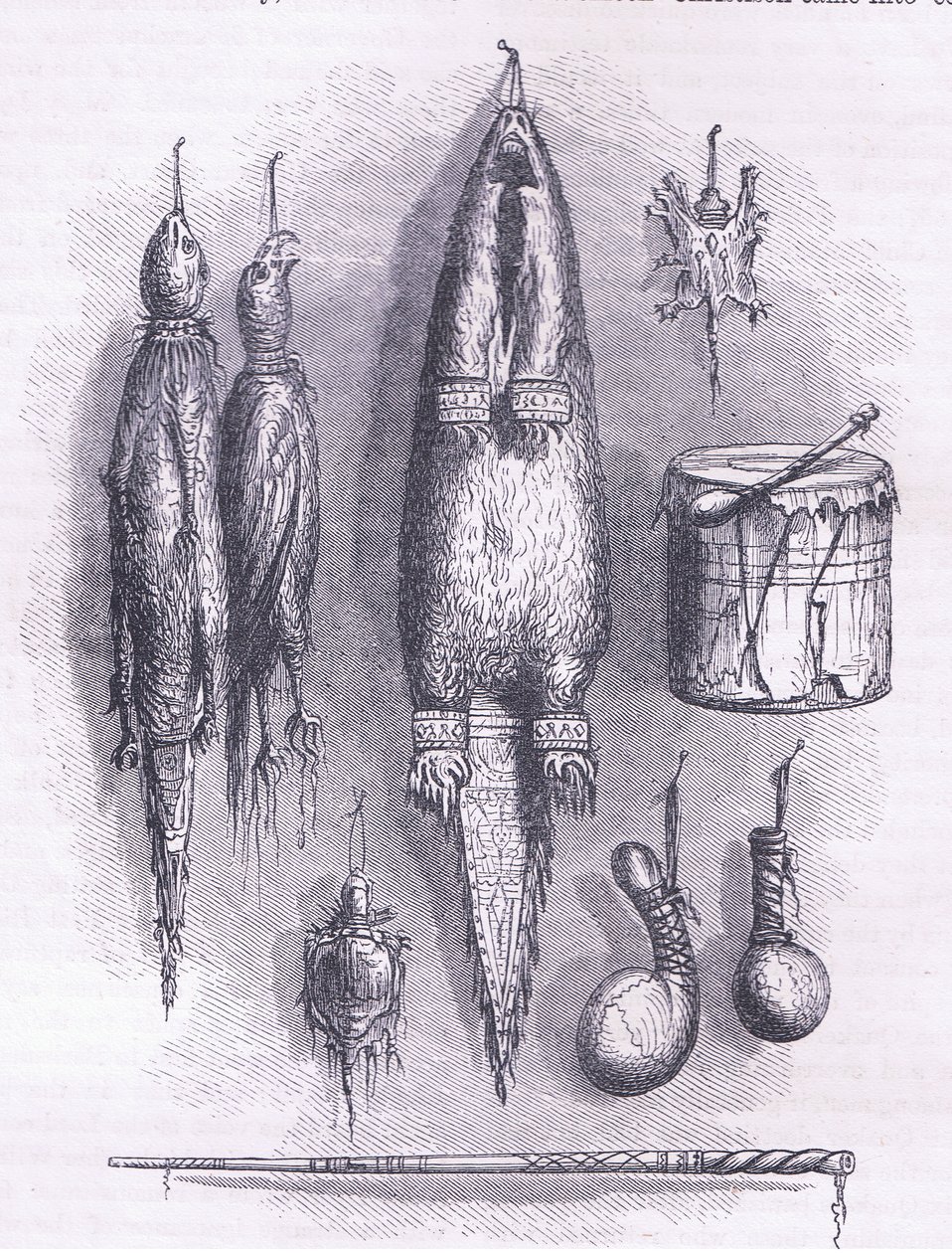 Indiai gyógyszertáska, rejtélyes síp, csaták és dob 1661, illusztráció Cassell története az Egyesült Államok pubjából. készítette: Petter & Galpin 1890 körül (litho) alkotó: American School