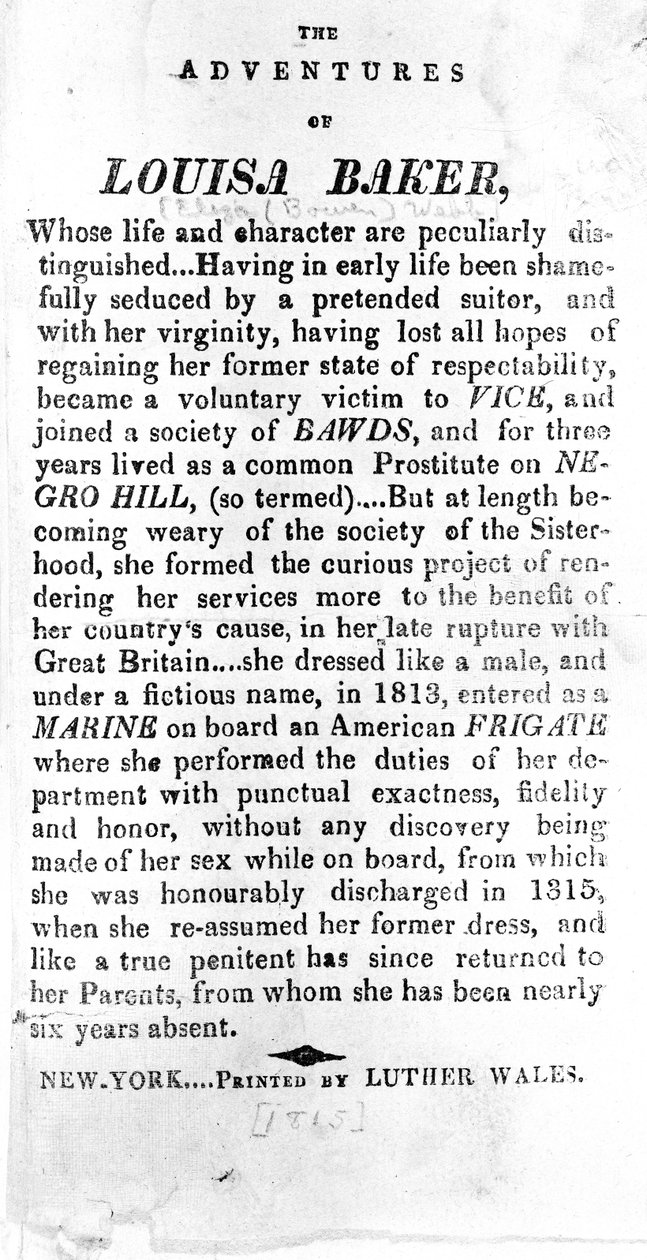 Louisa Baker kalandjainak bevezető oldala, Luther Wales, New York, 1815 alkotó: American School