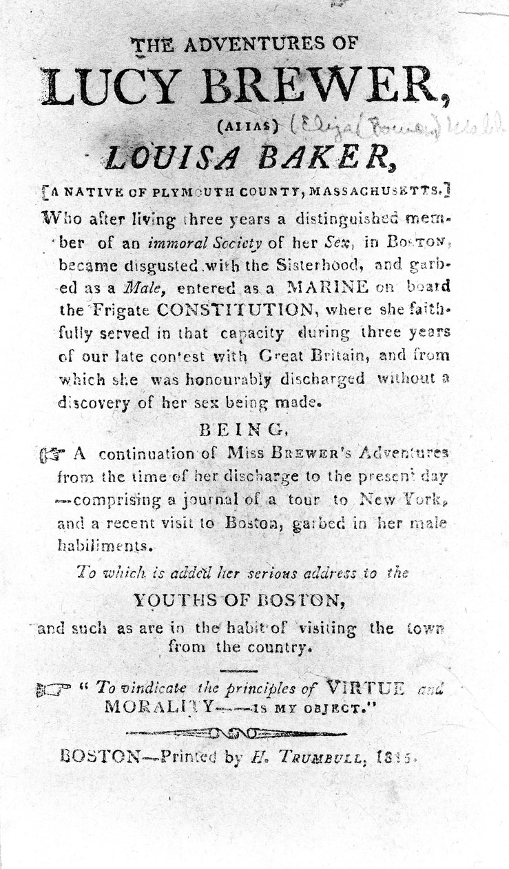 A Lucy Brewer kalandjai című könyv bevezető oldala, H. Trumbull, Boston, 1815 alkotó: American School