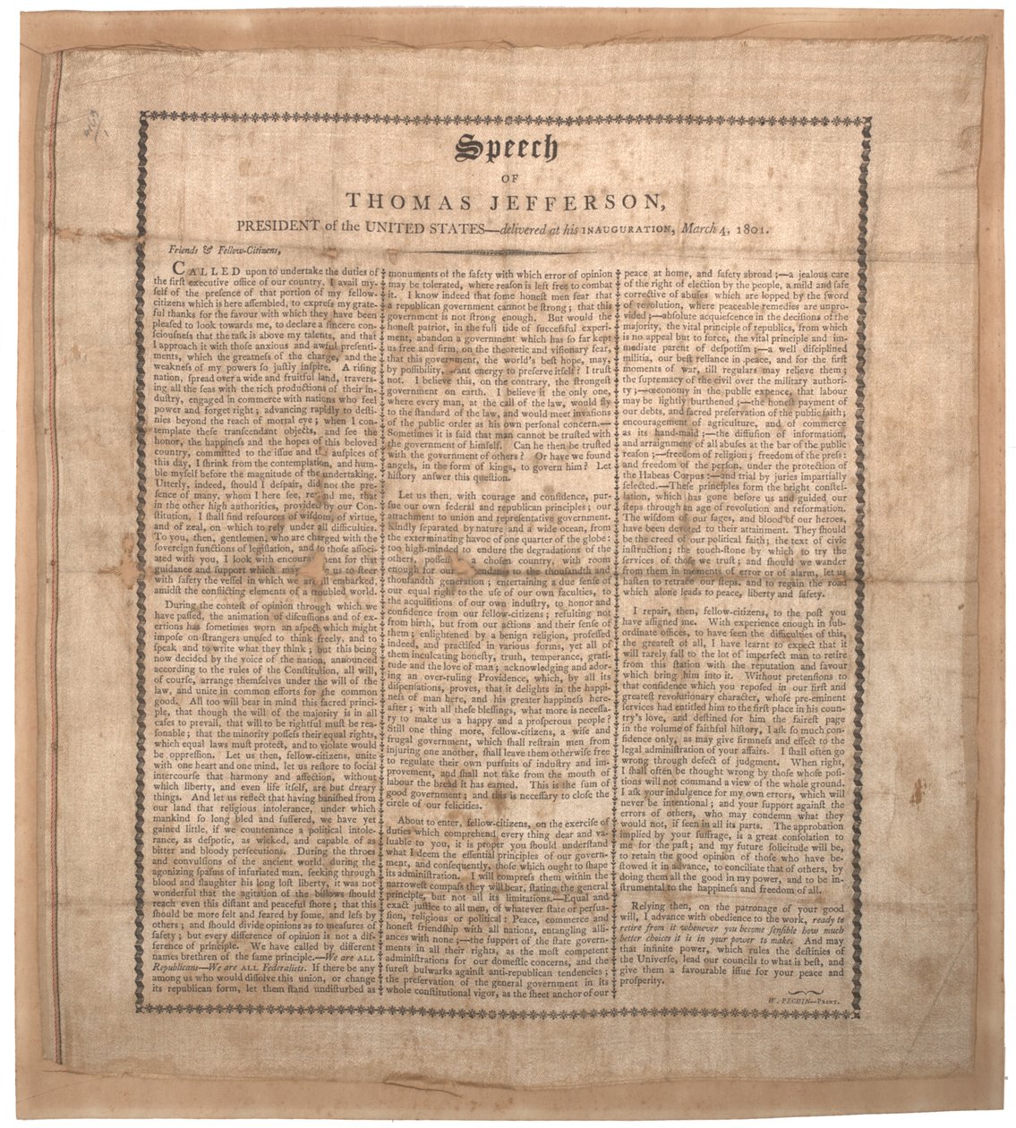 Jeffersons első beiktatási beszéde, Pechin, Baltimore, 1801. március 4. (litho on selyem) alkotó: American School