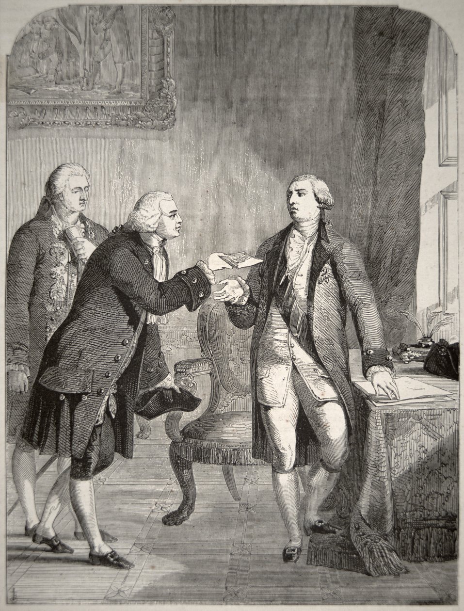 John Adams (1735-1826), mint az első amerikai nagykövet az angol udvarban, átadta megbízólevelét III. György királynak (1738-1820) (litográfia) alkotó: American School