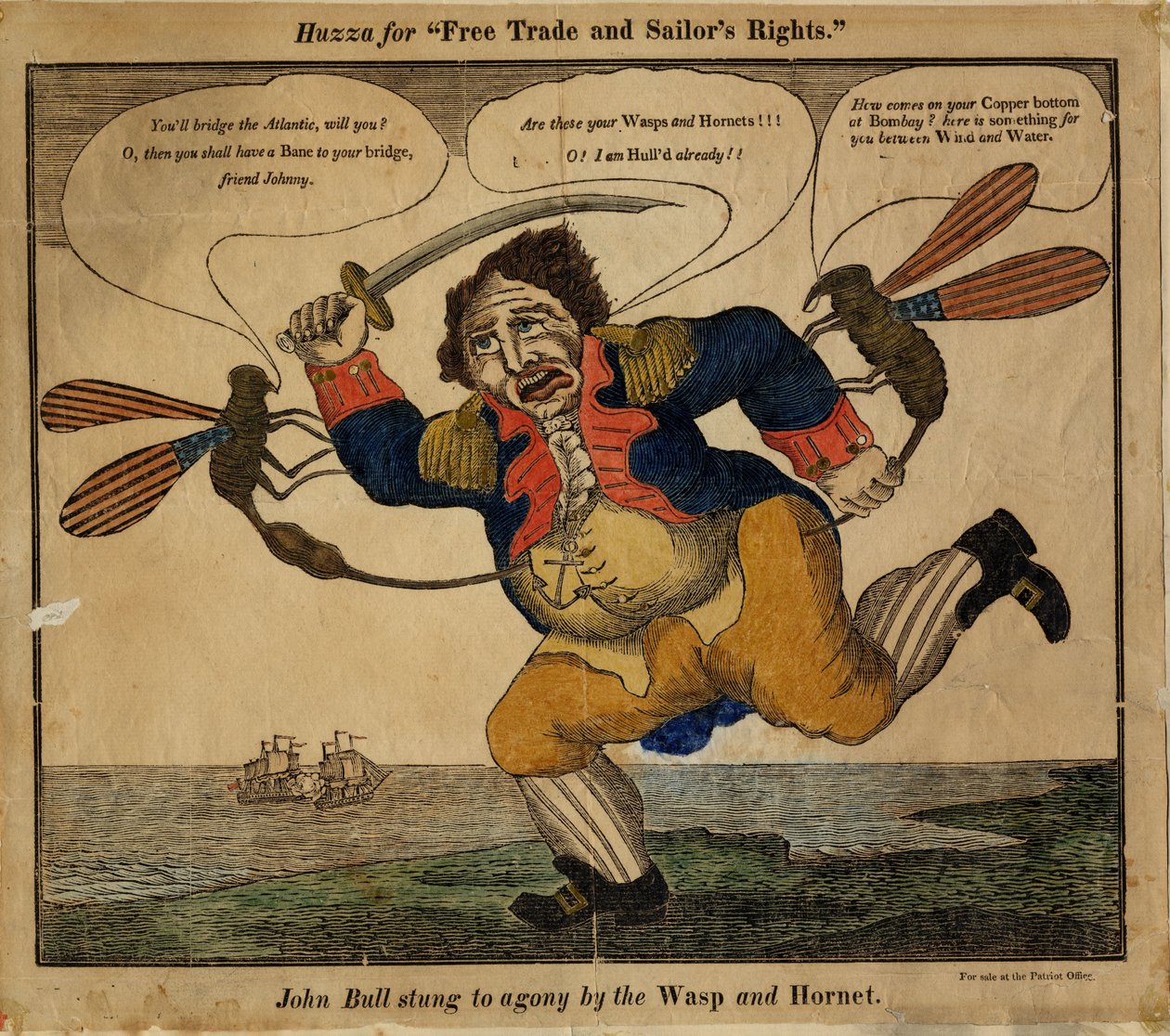 John Bullt gyötrelembe szúrta a Darázs és a Hornet, 1813 (kézzel színezett domborművágás) alkotó: American School