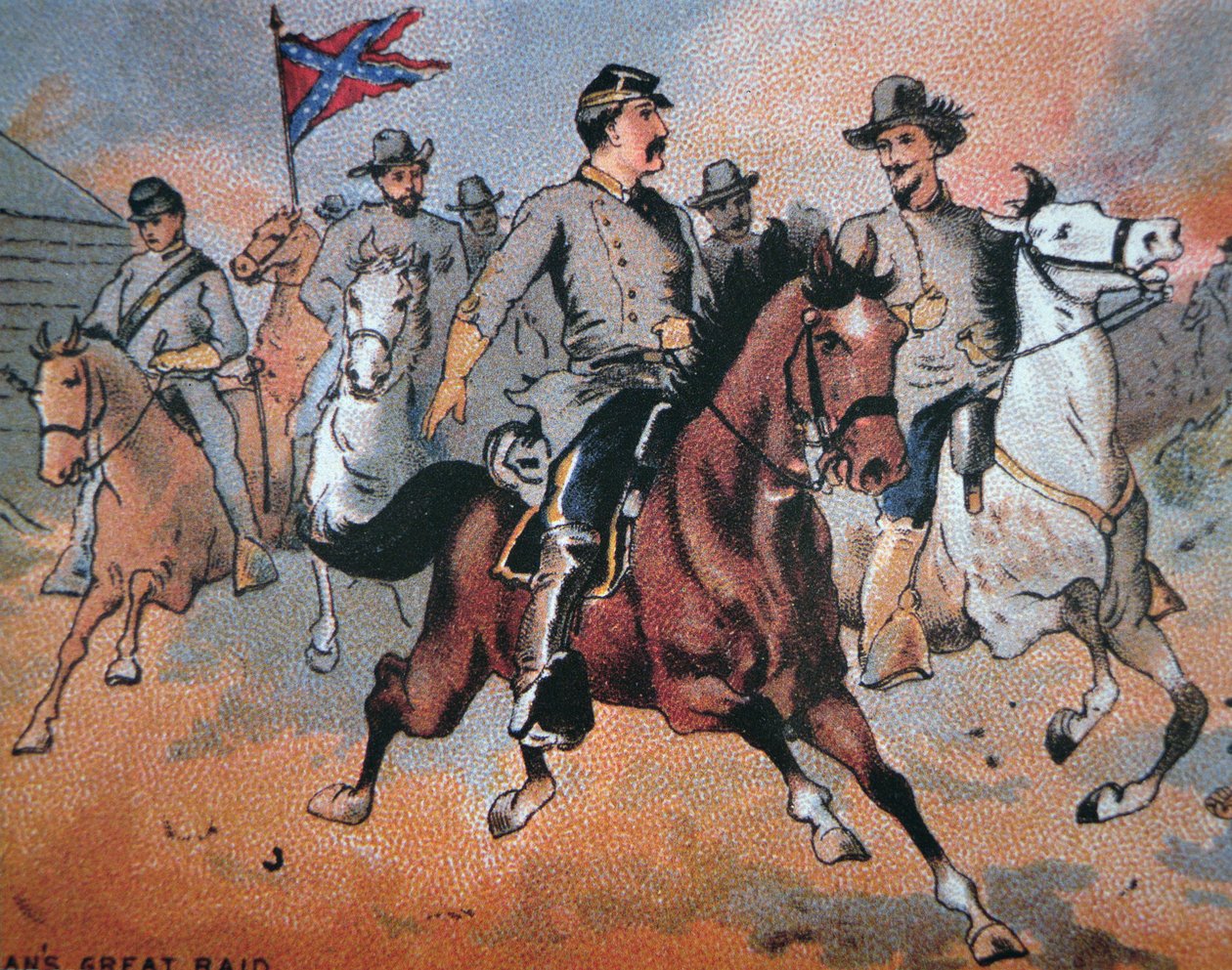 John Hunt Morgan (1825-64) és a Kentuckyban végrehajtott portyája (színes litográfia) alkotó: American School