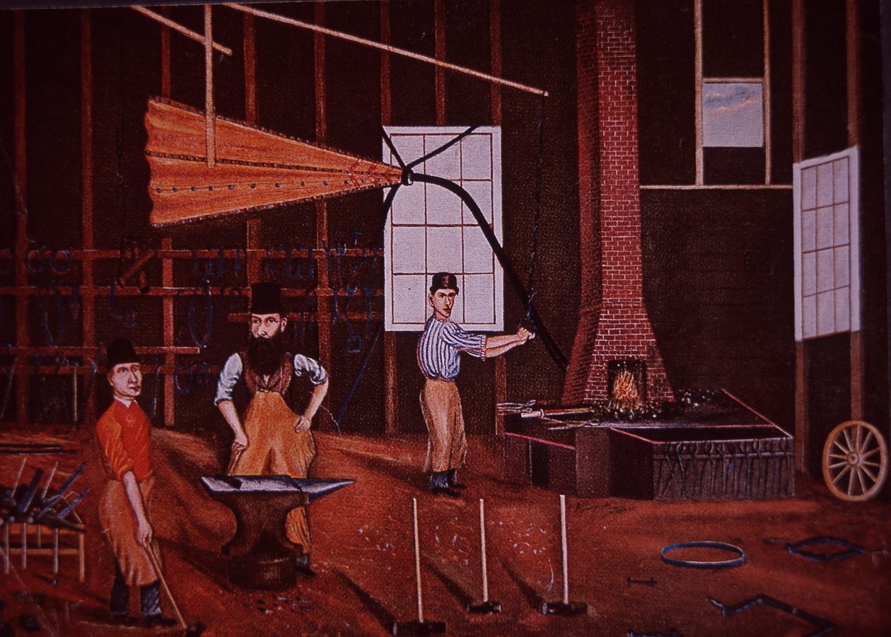 John Mohler Studebaker (középen), német-amerikai kocsigyártó műhelyben, 1858 körül (színes litó) alkotó: American School