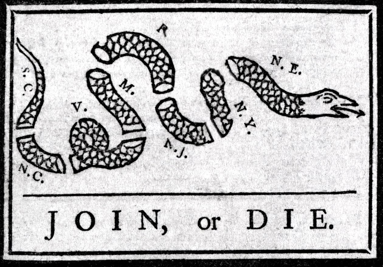 A Join or Die című rajz az első politikai karikatúra, amelyet a „Pennsylvania” Gazette-ben publikált Benjamin Franklin 1754-ben. Ez egy több részre osztott kígyót ábrázol a „Csatlakozz vagy halj meg” felirattal. Ez egy felhívás a 13 amerikai c alkotó: American School