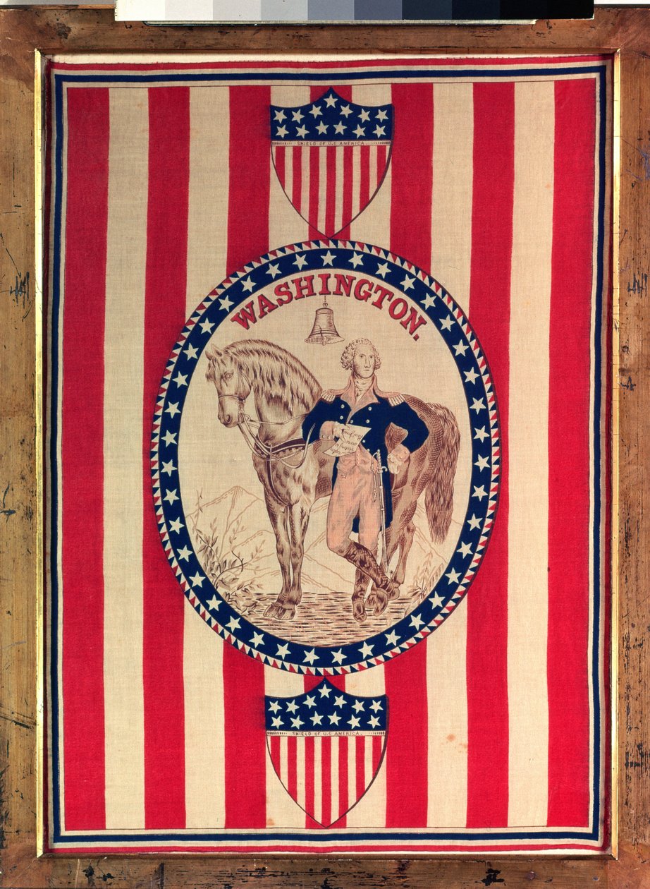 George Washington 1876 körüli teljes alakos lovas portréját ábrázoló kendő (pamut) alkotó: American School