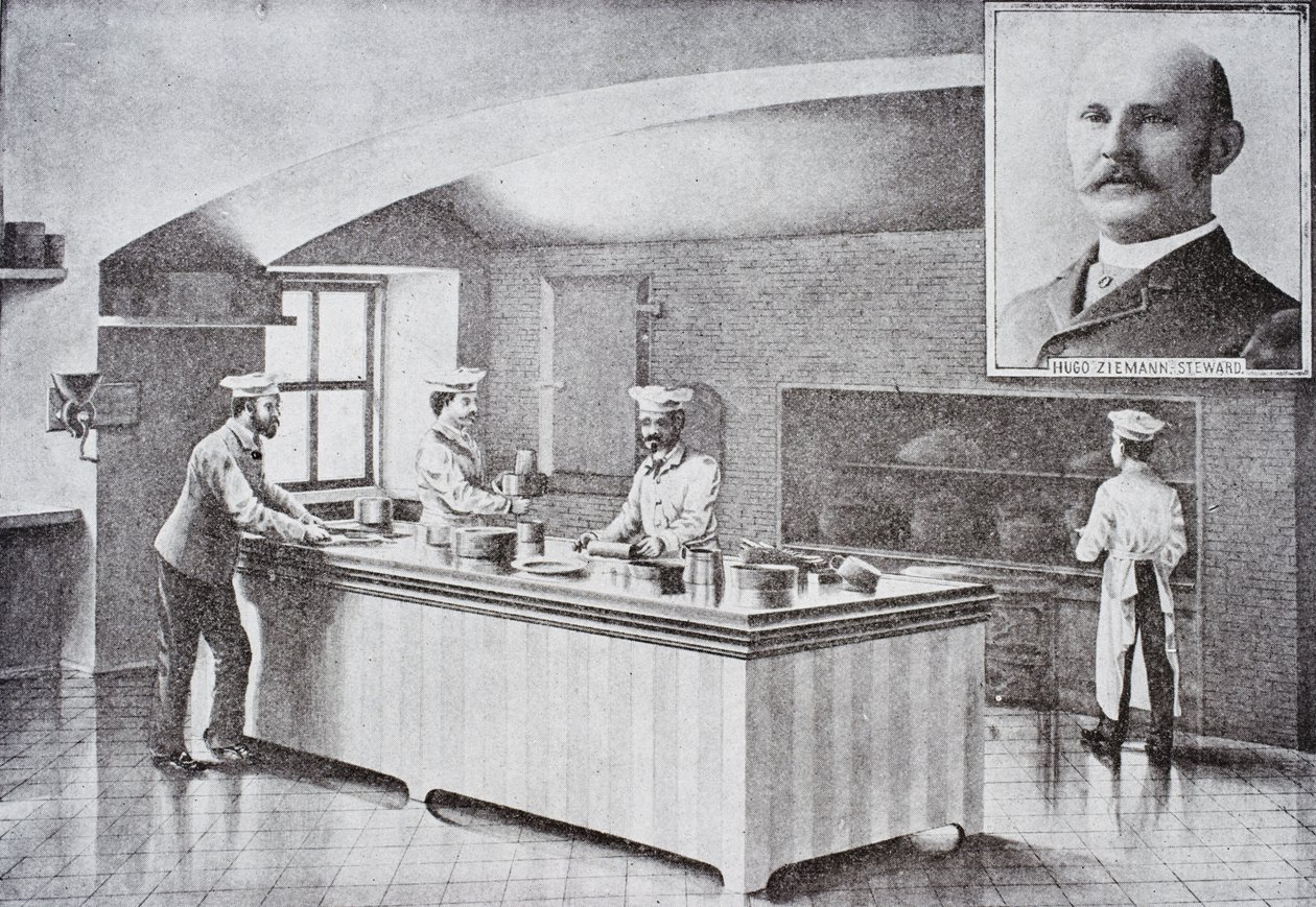 A Fehér Ház konyhája az 1890-es években, Hugo Ziemann beillesztett portréjával alkotó: American School