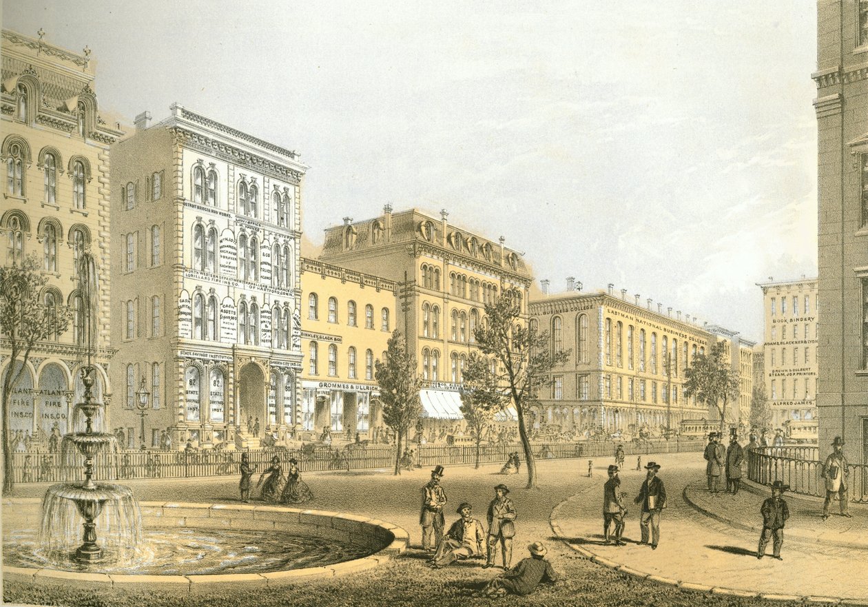 LaSalle Street a Courthouse Square-ről, a Chicago Illustrated-től, James W. Sheahan irodalmi leírásaival, a Jevne & Almini, Chicago, 1866-67 alkotó: American School