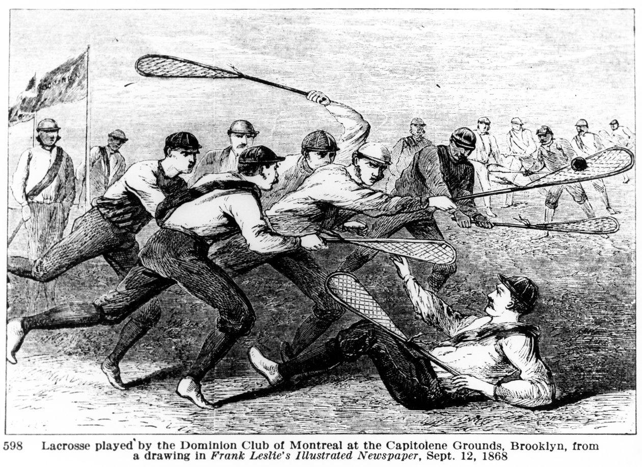 Lacrosse-t a montreali Dominion Club játszott a Capitoline Grounds-ban, Brooklynban, Frank Leslie Illustrated Newspaper című rajzából. alkotó: American School