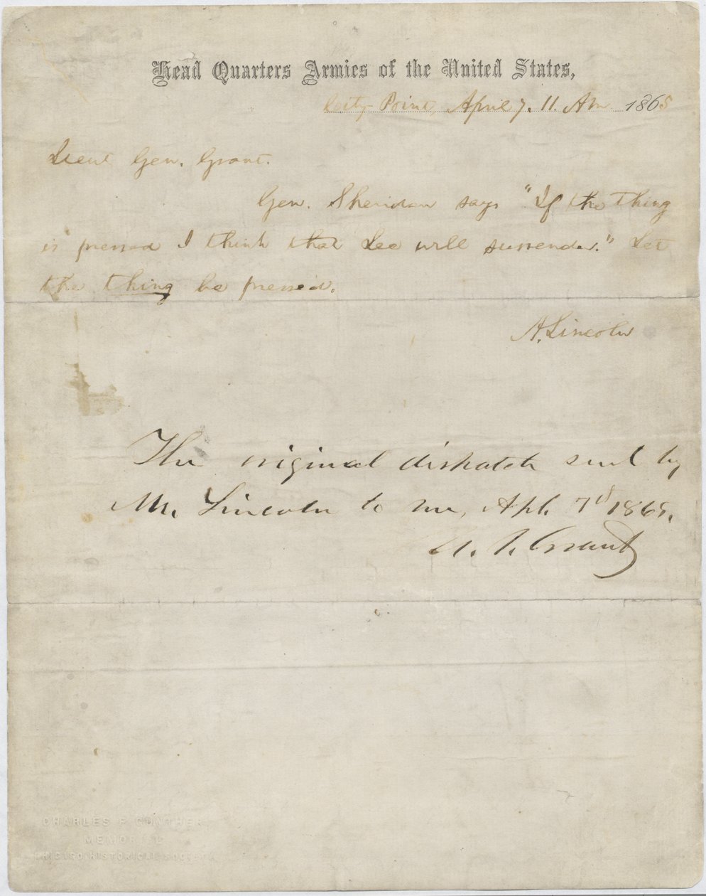 Abraham Lincoln levele Ulysses S. Grant tábornoknak, 1865. április 7. alkotó: American School