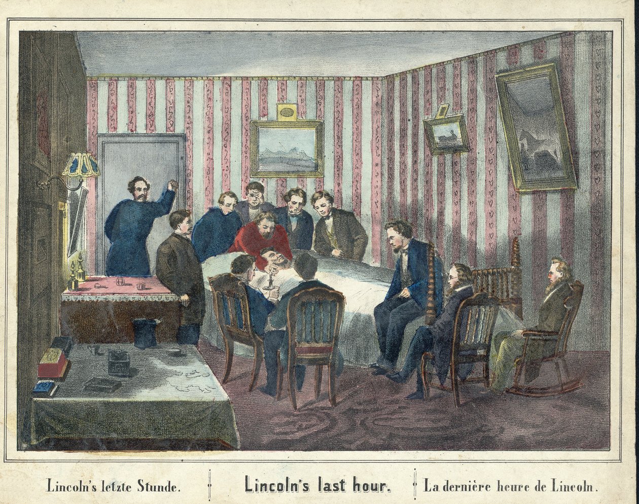 Lincoln utolsó órája, kocsma. 1865 (kézzel színezett metszet) alkotó: American School