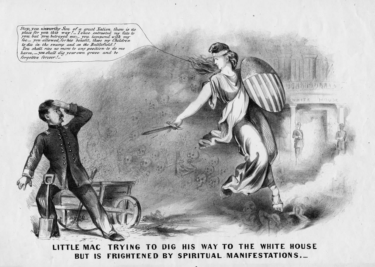 Kis Mac megpróbálja kiásni magát a Fehér Ház felé, de megijedt a lelki megnyilvánulásoktól, 1864 alkotó: American School