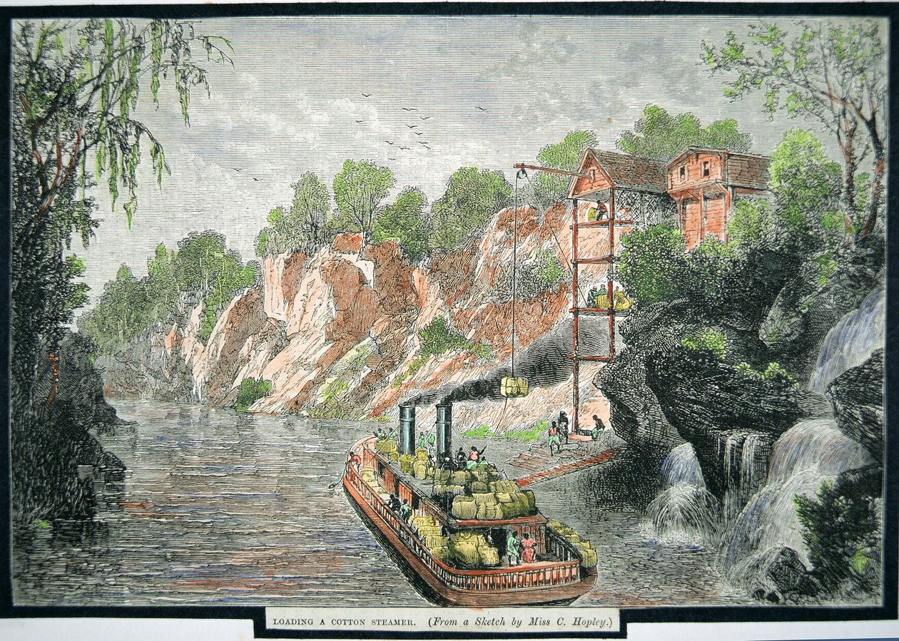 A gőzhajó megrakása ültetvényről származó pamutbálákkal, 1860 körül (színes metszet) alkotó: American School
