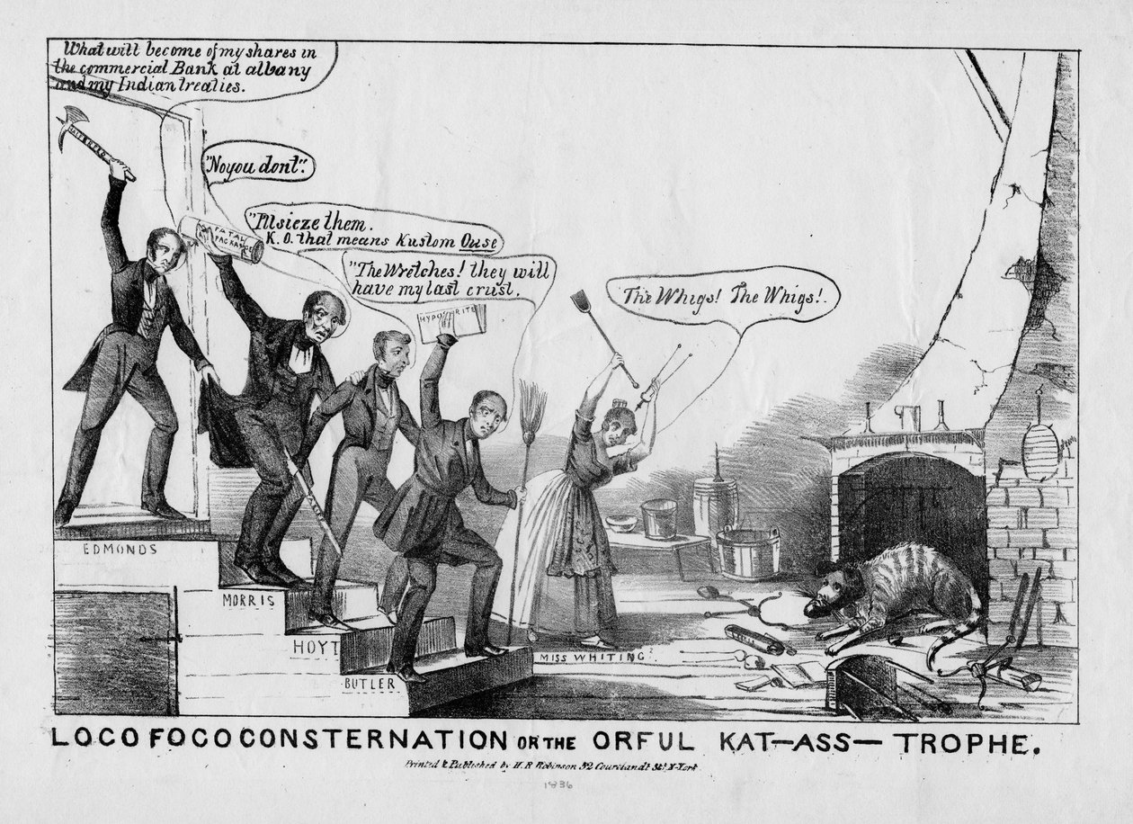 Loco Foco megdöbbenés, vagy, The orful kat-asstrophe, kiadó: H R Robinson, New York, 1838 körül alkotó: American School