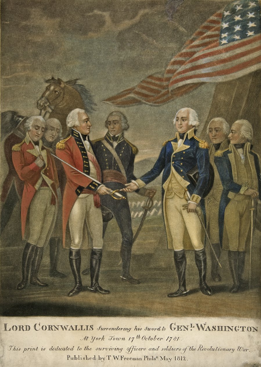Lord Cornwallis átadja kardját Genl. Washington York Townban alkotó: American School