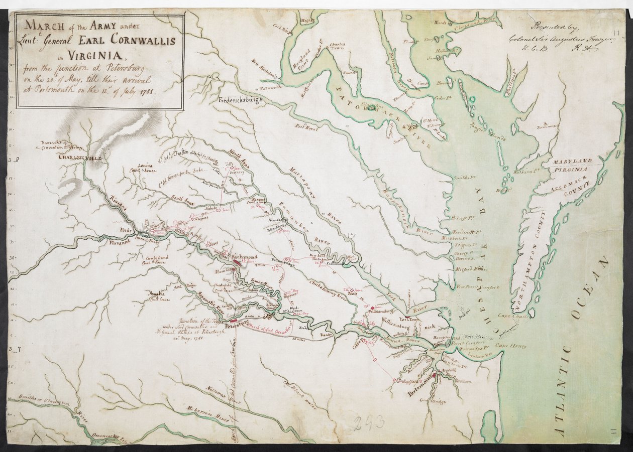 EARL CORNWALLIS altábornagy alatt álló hadsereg menetelése VIRGINIA-ban, a Petersburg-i JUNCTION-tól május 20-án, a Portsmouth-i érkezésükig 1781. július 12-én. alkotó: American School