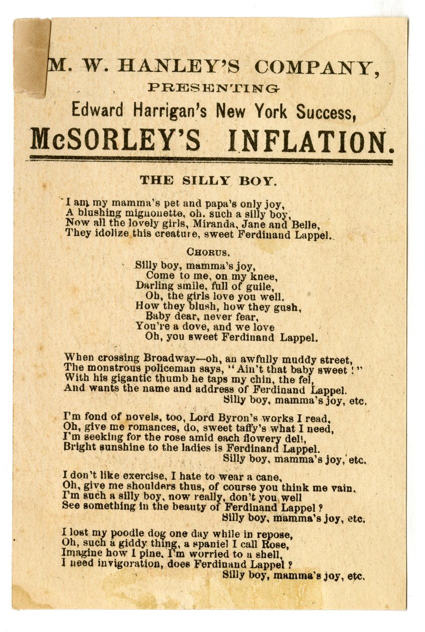 M.W. Hanleys Col bemutatja Edward Harrigans legújabb New York-i sikerét, a McSorleys Inflationt [színházi kártya]. Verso, 1882 körül (litográfia [kereskedelmi kártya]) alkotó: American School
