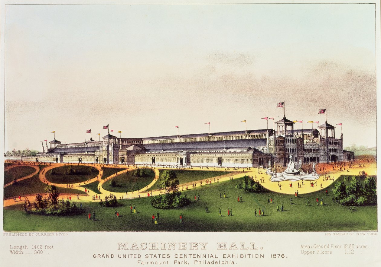 Machinery Hall, Grand United States Centennial Exhibition, Fairmount Park, kiadó: Nathaniel Currier (1813-88) és James Merritt Ives (1824-95), 1876 alkotó: American School