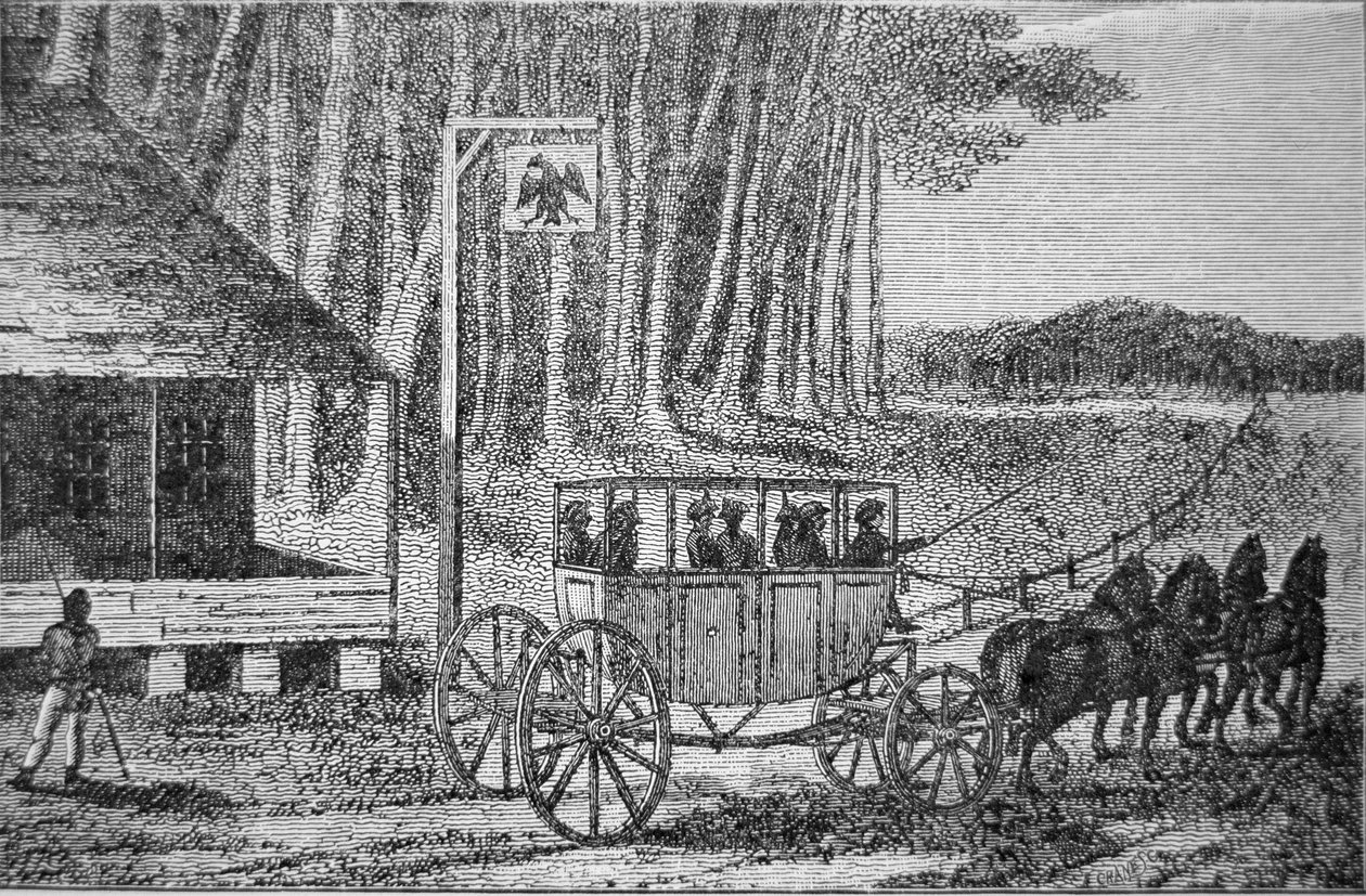 Postakocsi, illusztráció a „Travels in North America” című könyvből, Isaac Weld (1774-1856) 1795 (metszet) alkotó: American School