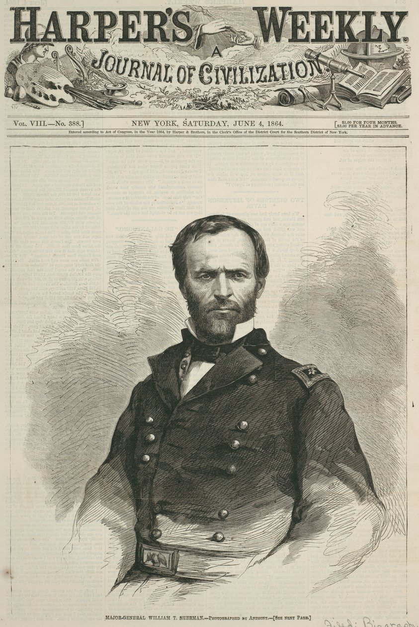 William T. Sherman vezérőrnagy, a Harpers Weekly címlapja, 1864 (fametszet) alkotó: American School