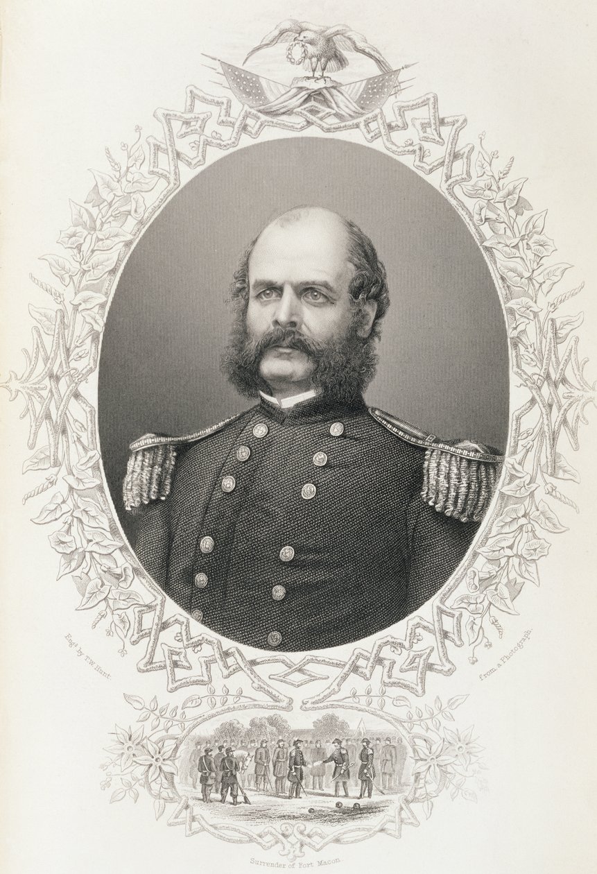 Ambrose Everett Burnside vezérőrnagy, „The History of the United States”, 20. évf. II. Charles Mackay, metszett T.W. Vadászat fényképről alkotó: American School