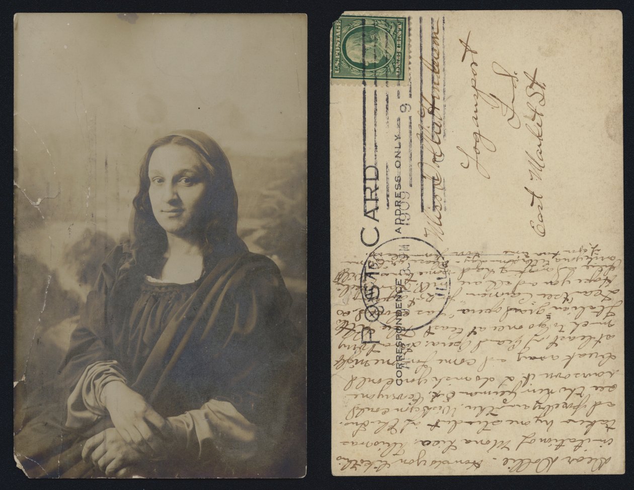 Férfi Mona Lisa képeslapot küldtek az Egyesült Államokban alkotó: American School