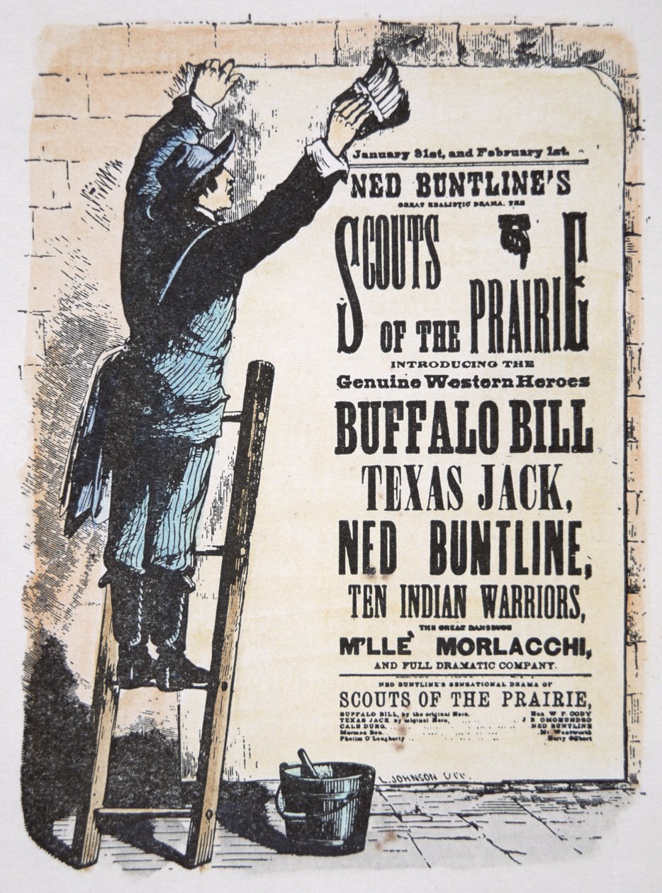 Férfi, aki színházi számlát tesz közzé a "Scouts of the Prairie" című darabról, Buffalo Bill Cody (1846-1917), Texas Jack (1846-79) és Ned Buntline (1823-86) főszereplésével 1874 körül (színes metszet) alkotó: American School